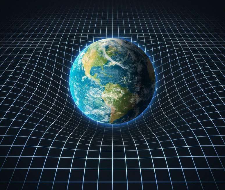 Ilustração mostrando a gravidade como uma curvatura do espaço-tempo