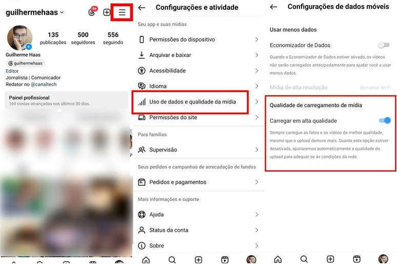Opção nas configurações da conta permite carregar fotos e vídeos em alta qualidade no Instagram (Imagem: Captura de tela/Guilherme Haas/Canaltech)