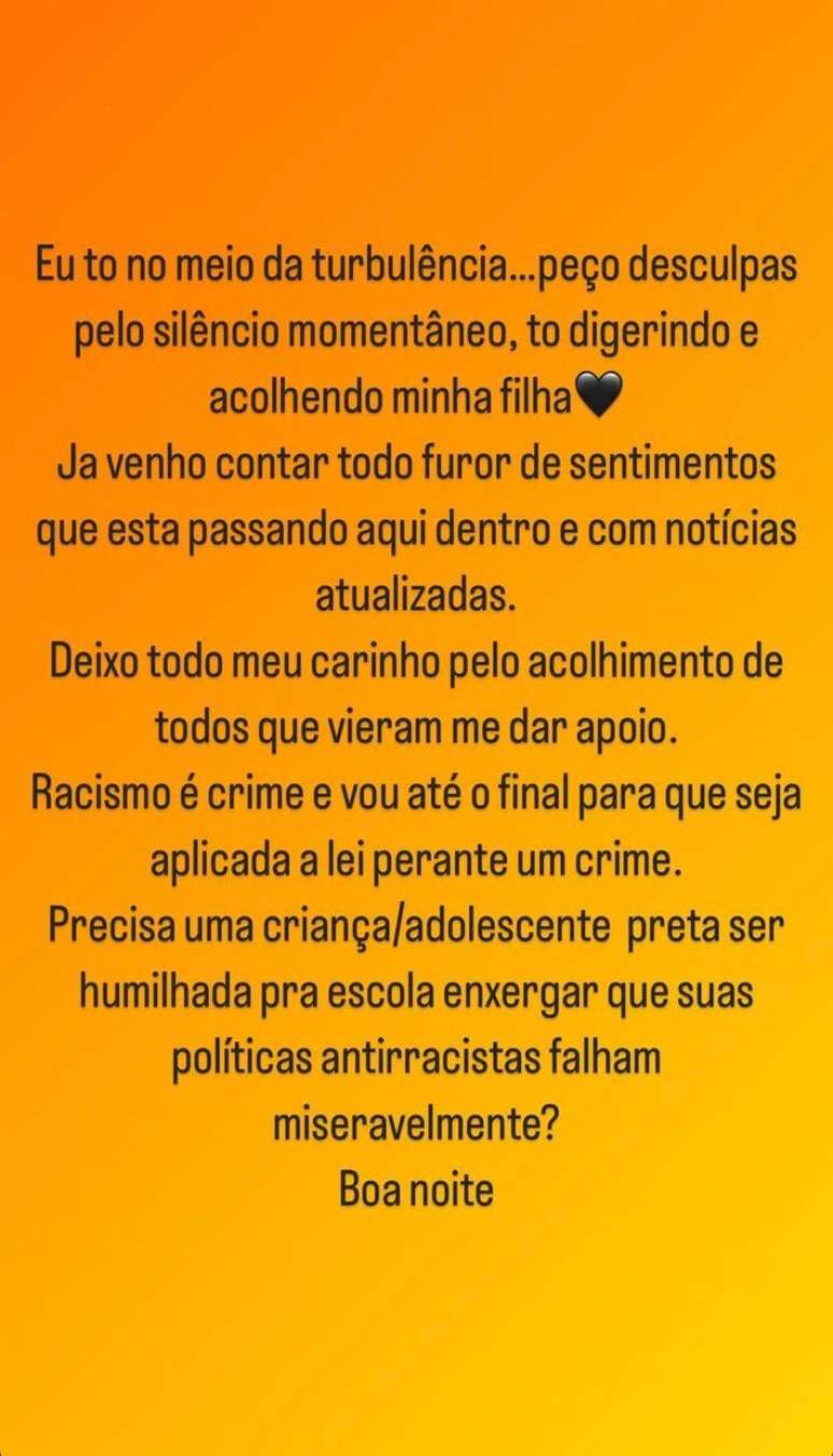 No Instagram, Samara Felippo desabafa sobre ataques racistas sofridos pela filha.