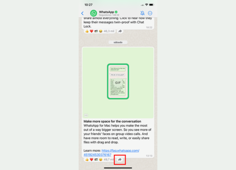 Nuevo acceso directo para reenviar mensajes del canal en WhatsApp (Imagen: Captura de pantalla/Guilherme Haas/Canaltech)