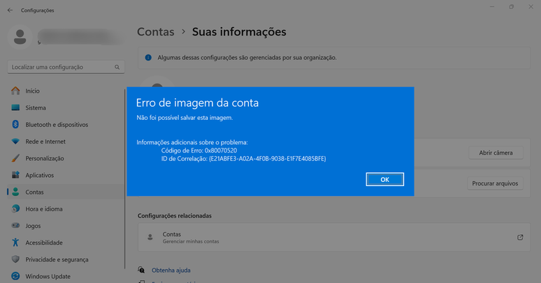 Mensagem de erro ao tentar mudar a foto de perfil da conta no Windows 11 (Imagem: Captura de tela/Guilherme Haas/Canaltech)