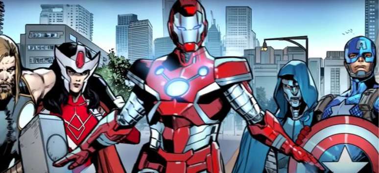 Os Supremos, formado por Thor, Sif, Rapaz de Ferro, Doutor Destino (Reed Richards) e Capitão América (Imagem: Reprodução/Marvel Comics)