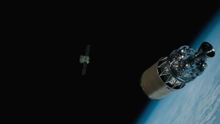 Imagem ilustrativa de como pode ter sido a cena, a partir da perspectiva do foguete, olhando para Adras-J