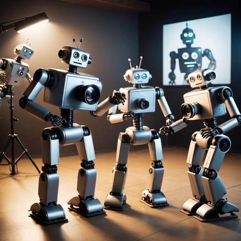 Imagem criada pelo Midjourney a pedido da reportagem, sob o comando de criar uma imagem que mostrasse robôs produzindo um filme. 