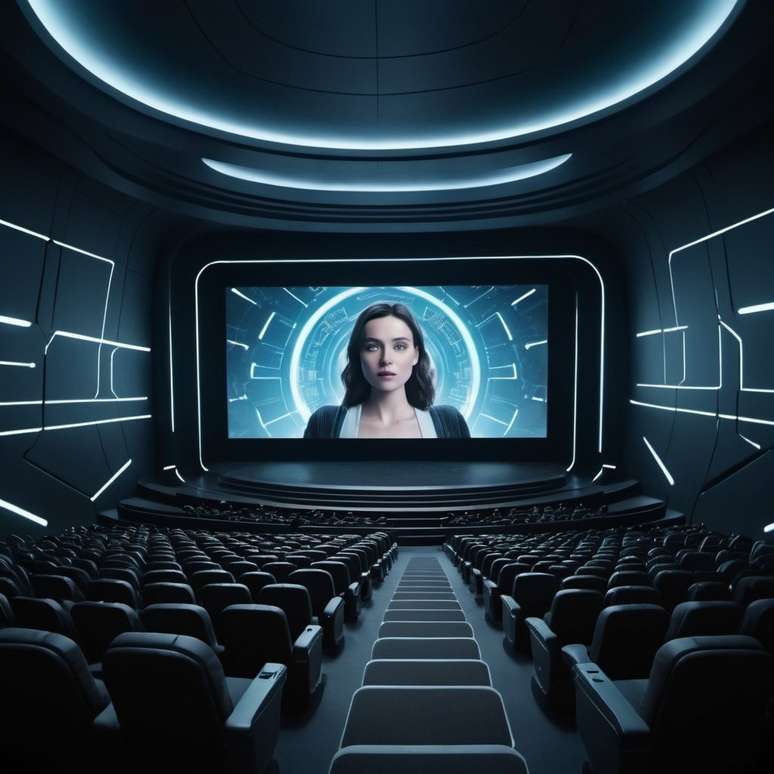 Imagem criada por IA a pedido da reportagem, mostrando uma sala de cinema futurista