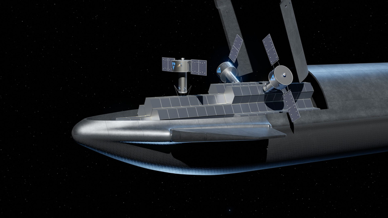 Representação do foguete Starship liberando satélites (Imagem: Reprodução/Victus Solis)
