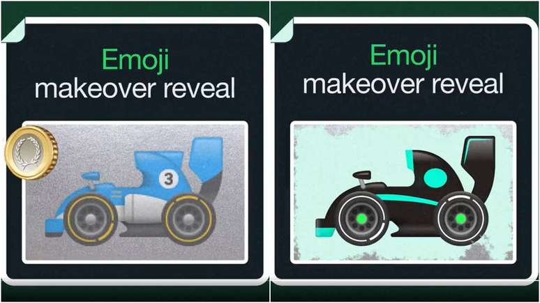Antes e depois do emoji de carro de corrida do WhatsApp, que agora homenageia a Mercedes (Imagem: Divulgação/WhatsApp)