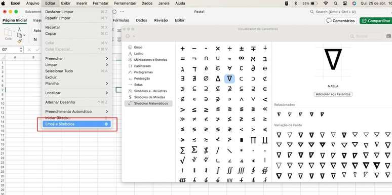 Excel permite inserir símbolos e caracteres especiais dentro de tabelas (Imagem: Captura de tela/Guilherme Haas/Canaltech)