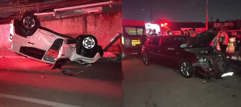 Bairro fica sem energia após carros baterem em Pinhais.