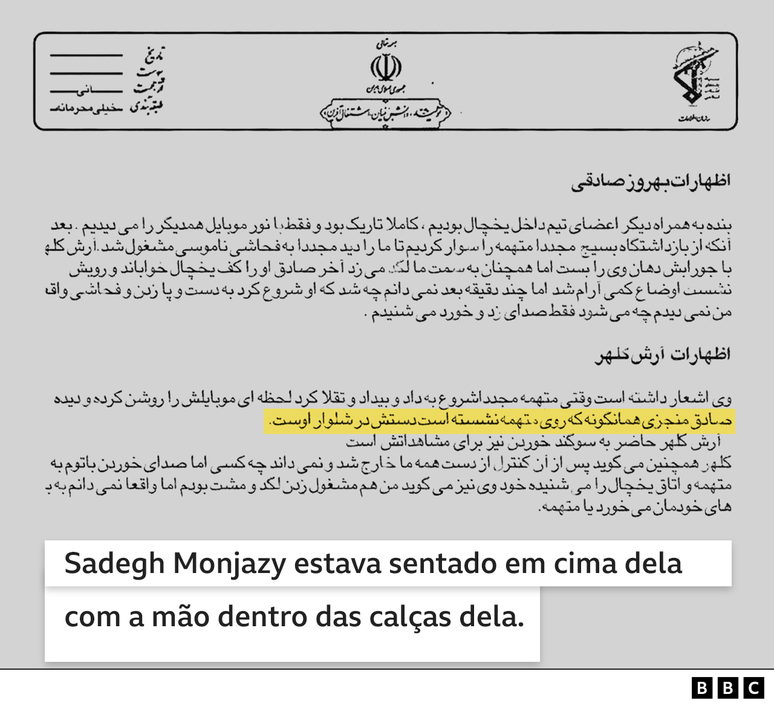 Tradu&ccedil;&atilde;o de trecho de relat&oacute;rio que diz que Sadegh estava sentado em cima da jovem e com a m&atilde;o dentro da cal&ccedil;a dela