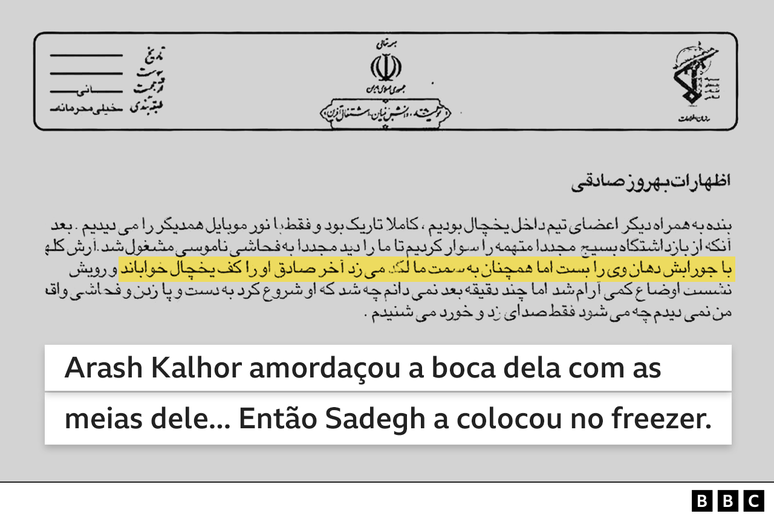 Tradu&ccedil;&atilde;o de trecho do relat&oacute;rio que diz que homem amorda&ccedil;ou boca da jovem e ela foi colocada no freezer