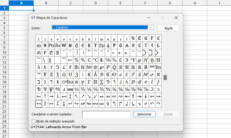 É possível utilizar o Mapa de Caracteres para inserir símbolos no Excel (Imagem: Captura de tela/Guilherme Haas/Canaltech)