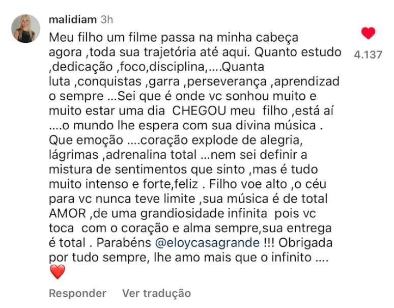 Mãe de Eloy Casagrande deixa recado para o filho em post do Slipknot.