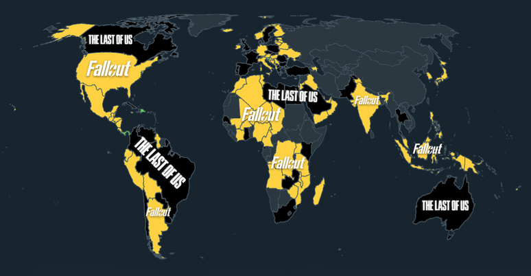 Segundo levantamento do JustWatch, Fallout liderou em 78 países em seus primeira semana, contra 58 de The Last of Us (Imagem: Reprodução/JustWatch)
