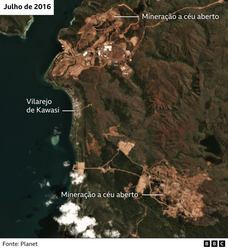 Em certos locais a mineração a céu aberto é feita próxima a vilarejos existentes