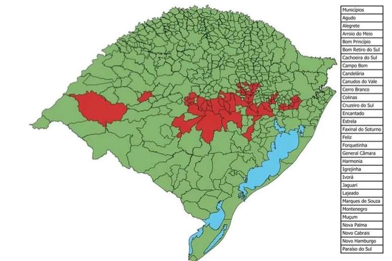 As áreas em vermelho são as mais afetadas. Rio Grande do Sul deve enfrentar a pior enchente de todos os tempos