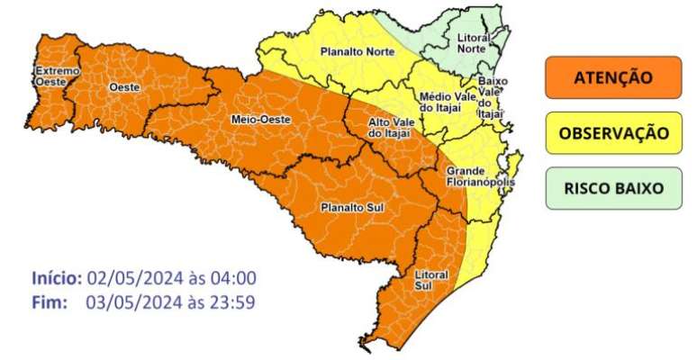 Nas áreas laranjas, os volumes de chuva devem ficar em torno dos 100 mm