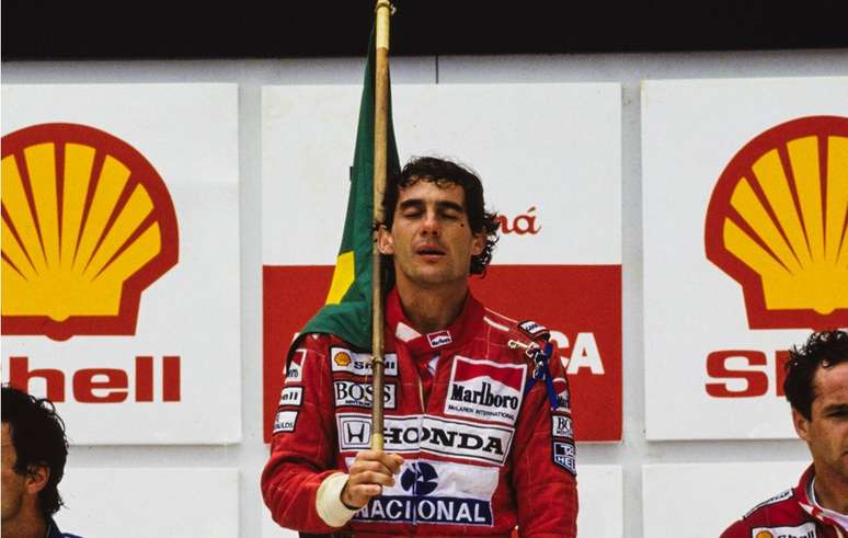 Senna no pódio de Interlagos em 1991. Aqui sim é a marca que fica 