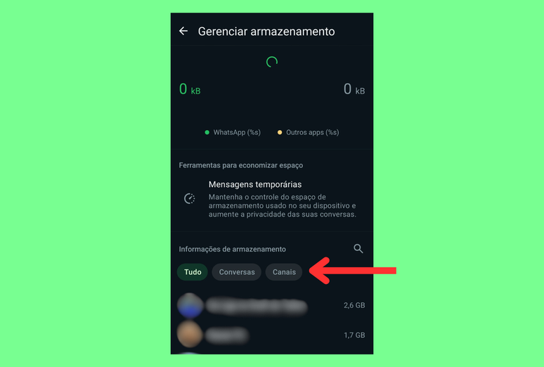 WhatsApp Beta testa forma de diferenciar conversas e canais na tela de armazenamento (Imagem: Captura de tela/André Magalhães/Canaltech)