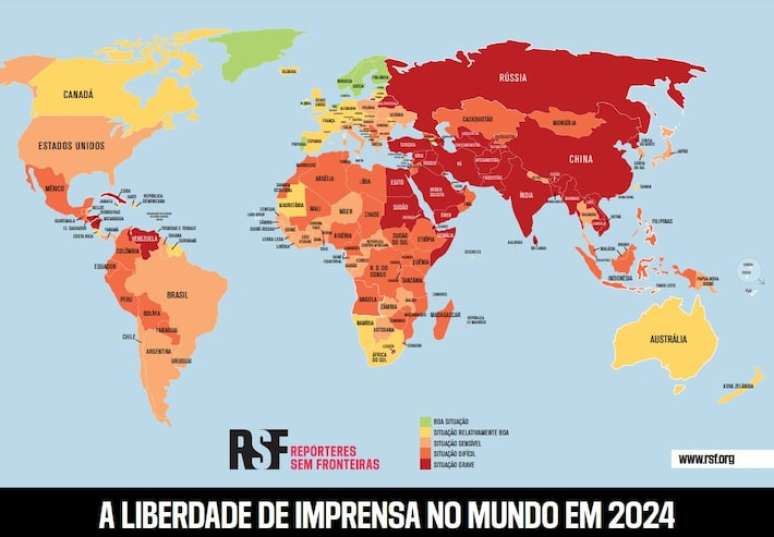 Ranking Mundial da Liberdade de Imprensa 2024, levantamento anual produzido pela Repórteres Sem Fronteiras (RSF)