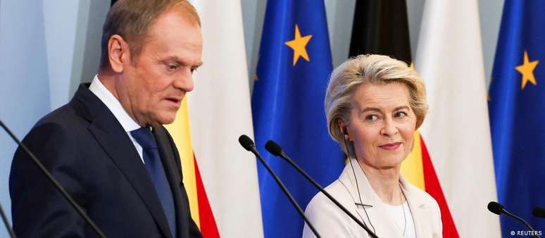 Harmonia UE-Polônia: Donald Tusk e Ursula von der Leyen em Varsóvia, em fevereiro de 2024