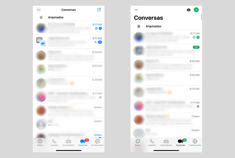Nova atualização do WhatsApp troca os tons de azul (à esquerda) pelo verde (à direita) (Imagem: Captura de tela/André Magalhães/Canaltech)