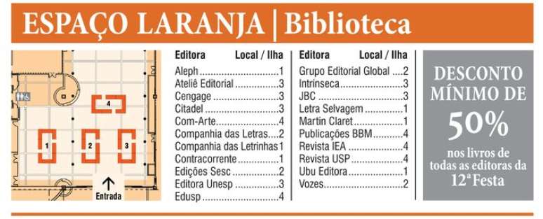 Mapa do Espaço Laranja: Confira a distribuição de bancadas da Festa do Livro da USP Leste 2024.