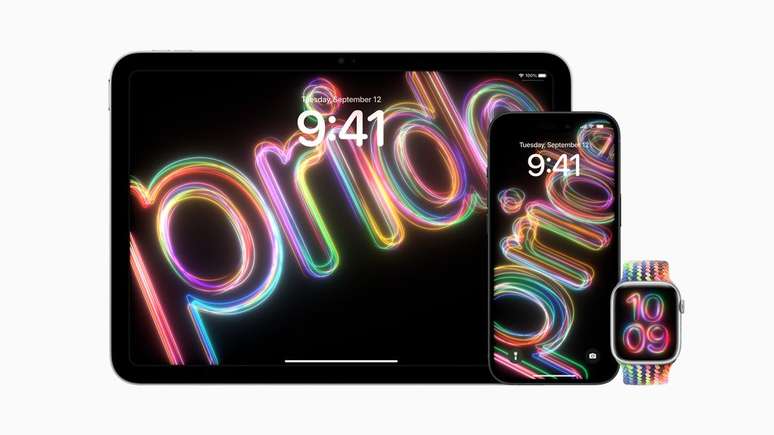 Coleção Pride 2024 chega com novos papéis de parede para iPhone e iPad, além de pulseira solo loop trançada e mostrador inédito para Apple Watch (Imagem: Divulgação/Apple)