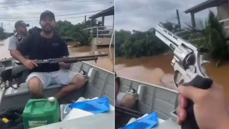 Homens armados em barcos à procura de saqueadores no Rio Grande do Sul