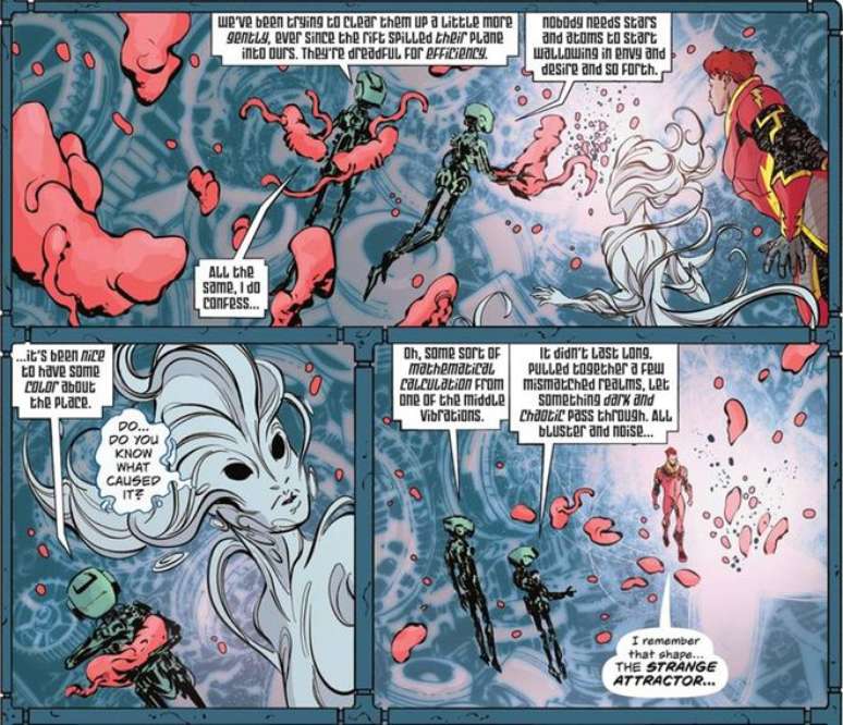 Entitades que representam as constantes físicas da realidade se encontram com o Flash Wally West (Imagem: Reprodução/DC Comics)