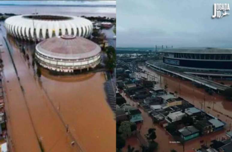Fotos: Reprodução/Internet - Legenda: CTs de Inter e Grêmio inundados após as fortes chuvas que atingiram o Rio Grande do Sul