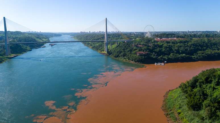 O encontro entre os rios Iguaçu (tom marrom) e Paraná (de água esverdeada) –