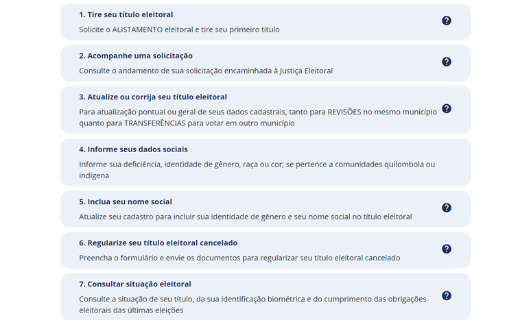Lista de funções disponíveis no autoatendimento eleitoral do TSE (Imagem: Captura de tela/André Magalhães/Canaltech)