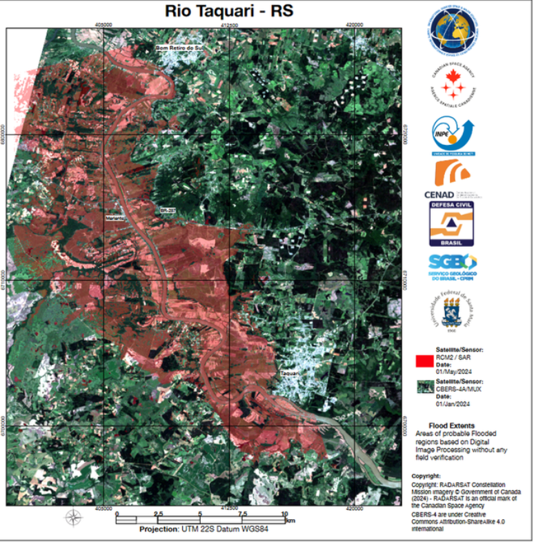 Imagens de satélite mostram o antes e o depois de inundações no Rio Grande do Sul (Imagem: DIOTG/INPE)
