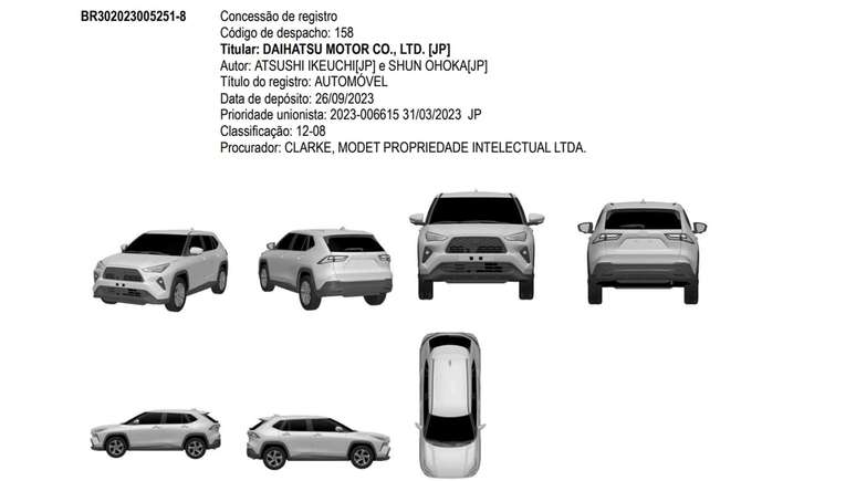 Registro INPI do novo Toyota Yaris Cross no Brasil