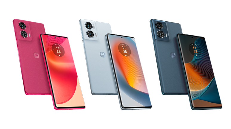 O Motorola Edge 50 Fusion mantém o design premium dos modelos mais premium, nas cores rosa, azul claro e cinza/chumbo (Imagem: Divulgação/Motorola)