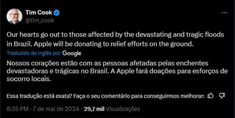 Tim Cook mandou suas condolências ao povo brasileiro (Imagem: Captura de tela/Canaltech)
