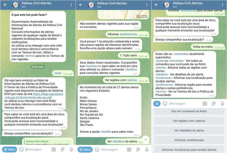 Chatbot da Defesa Civil no Telegram permite consultar alertas em todo o Brasil (Imagem: Captura de tela/Guilherme Haas/Canaltech)