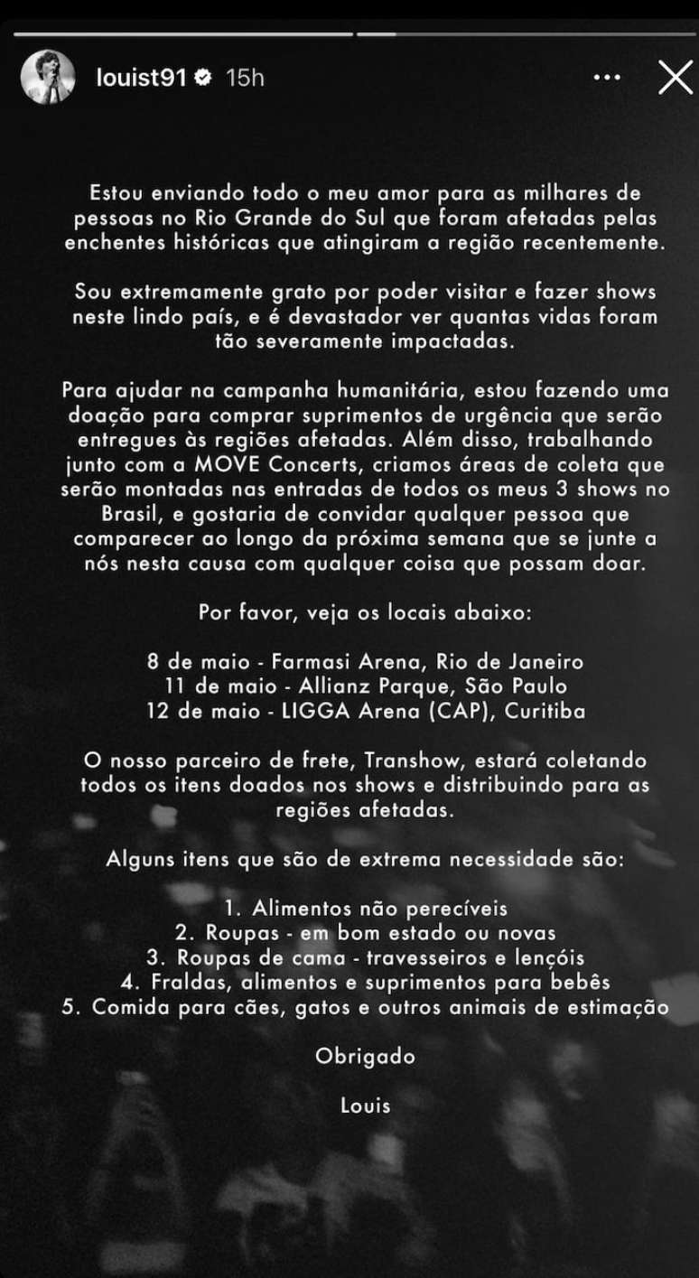 Louis Tomlinson compartilha ajuda para o Rio Grande do Sul