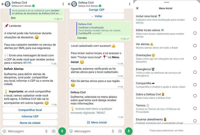 Chatbot da Defesa Civil no WhatsApp permite cadastrar alertas para múltiplas regiões do Brasil (Imagem: Captura de tela/Guilherme Haas/Canaltech)