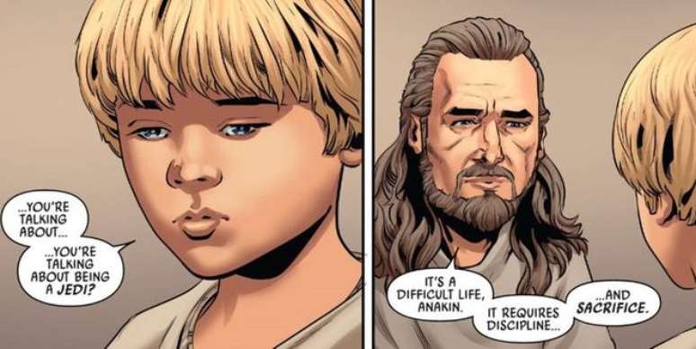 Qui-Gon e Anakin em um momento nunca mostrado em A Ameaça Fantasma (Imagem: Reprodução/Marvel Comics)