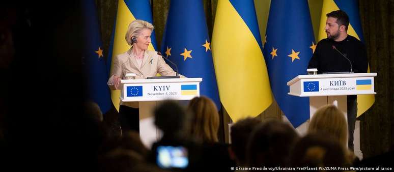 A presidente da Comissão Europeia, Ursula von der Leyen, e o presidente da Ucrânia, Volodimir Zelenski