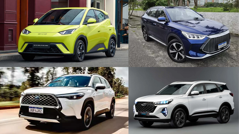 BYD Dolphin Mini, BYD Song Plus, Toyota Corolla Cross e Caoa Chery Tiggo 7: segundo a ABVE, o Tiggo 7 não pode mais ser considerado eletrificado, por ser um híbrido leve ou micro-híbrido