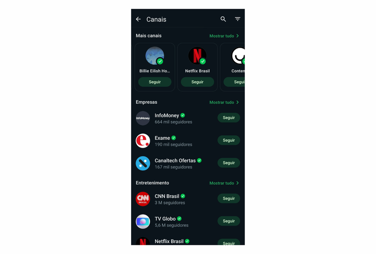 WhatsApp Beta lista dicas de canais por categorias (Imagem: Captura de tela/André Magalhães/Canaltech)