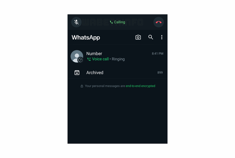 Novo menu em testes no WhatsApp Beta inclui botões para silenciar ou encerrar chamada (Imagem: Reprodução/WABetaInfo)