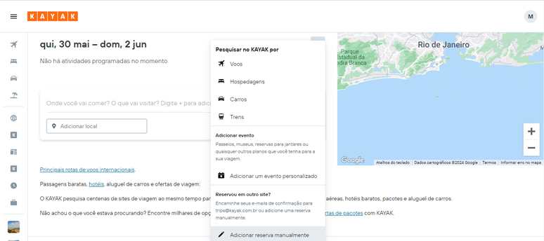 &Eacute; poss&iacute;vel adicionar manualmente reservas de voos mesmo que n&atilde;o tenham sido comprados pela plataforma da Kayak