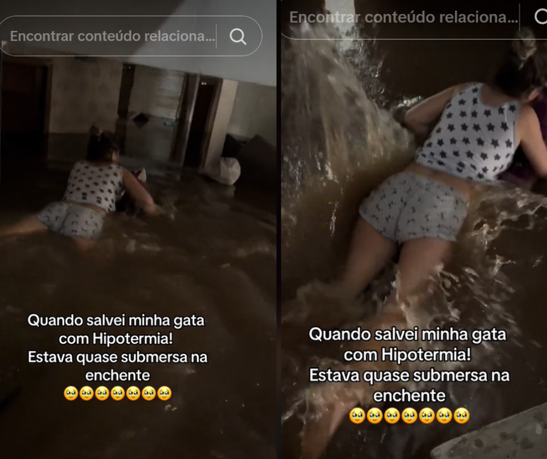 Mulher salva gata de enchente no Rio Grande do Sul utilizado prancha de surfe. 