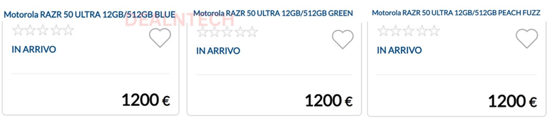 Página de loja de varejo revela suposto preço do Motorola Razr 50 Ultra com configuração de 12 GB + 512 GB (Imagem: Reprodução/Dealntech)