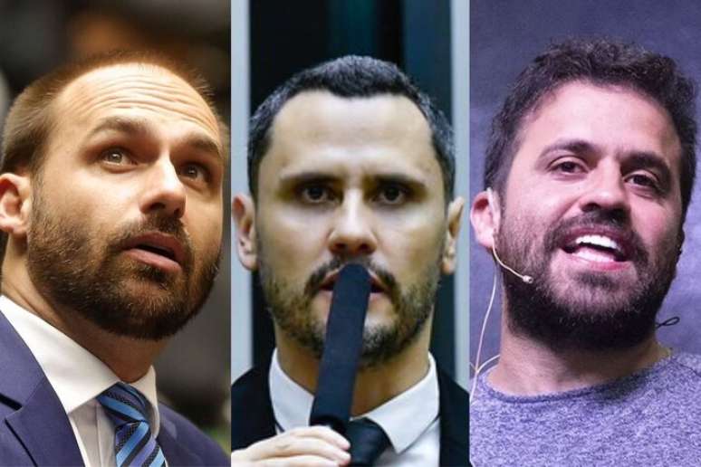 O deputado Eduardo Bolsonaro (à esquerda), o senador Cleitinho Azevedo (ao centro) e o coach Pablo Marçal (à direita)