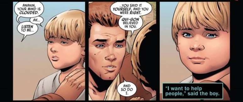 Obi-Wan acalma Anakin quando Qui-Gon morre precocemente (Imagem: Reprodução/Marvel Comics)